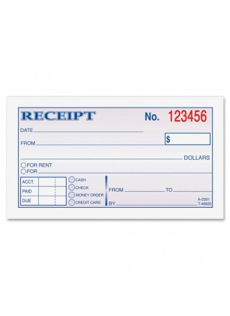Receipt book, 50 Sheet(s) - Tape Bound - 2 Part - 2.75" x 5.37" Form Size - Assorted Sheet Color - 1 Each - abfdc2501